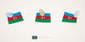 Pinned flag of Azerbaijan in different shapes with twisted corners. Vector pushpins top view