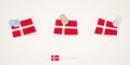 Pinned flag of Denmark in different shapes with twisted corners. Vector pushpins top view Royalty Free Stock Photo