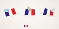 Pinned flag of France in different shapes with twisted corners. Vector pushpins top view