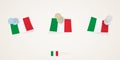 Pinned flag of Italy in different shapes with twisted corners. Vector pushpins top view