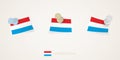 Pinned flag of Luxembourg in different shapes with twisted corners. Vector pushpins top view