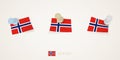 Pinned flag of Norway in different shapes with twisted corners. Vector pushpins top view