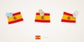 Pinned flag of Spain in different shapes with twisted corners. Vector pushpins top view