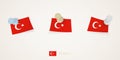 Pinned flag of Turkey in different shapes with twisted corners. Vector pushpins top view