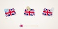 Pinned flag of United Kingdom in different shapes with twisted corners. Vector pushpins top view