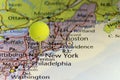 Pinned map New York USA, head of pin is tennis ball. Royalty Free Stock Photo