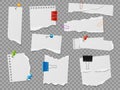 Pinned note paper. Realistic stationery elements. 3D pages with ragged edges attached with buttons and clips. Sheets Royalty Free Stock Photo