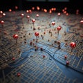 Pinned paths Conceptual city map, marked with vivid red pins