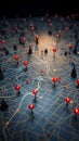 Pinned paths Conceptual city map, marked with vivid red pins