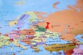 Pinned Ukraine on map of Europe. International relationships Royalty Free Stock Photo