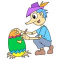 Pinocchio is painting eggs for the easter celebration, doodle icon image kawaii