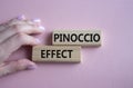 Pinoccio Effect symbol. Concept word Pinoccio Effect on wooden blocks. Businessman hand. Beautiful pink background. Business and Royalty Free Stock Photo