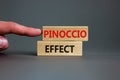 Pinoccio effect symbol. Concept words Pinoccio effect on wooden blocks on a beautiful grey background. Businessman hand. Business Royalty Free Stock Photo
