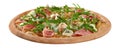 Pinoli pizza with cheese and cream sauce, mozzarella, prosciutto, gorgonzola, pears, pine nuts and arugula Royalty Free Stock Photo