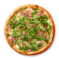 Pinoli pizza with cheese cream sauce, prosciutto, gorgonzola, pine nuts and arugula Royalty Free Stock Photo