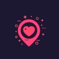 Pinpoint with heart, dating icon on dark