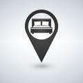 Pinpoint hotel accommodation, map point isolated icon with bed symbol, illustration.