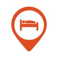 Pinpoint hotel accommodation, map point isolated icon with person in bed symbol, vector