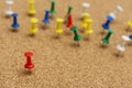 Pins on cork notice board. Business, lidership concept Royalty Free Stock Photo