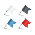 Pins flags. Colored pointer marker flag pin. Realistic red blue white and black pennant, small office stationery