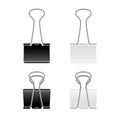 Pins metallic paper clips. Office binder steel fasteners, open and closed metal black and white documents and notes holder, school