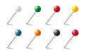 Pins. Realistic colored pointers. 3D thumbtacks set for attaching notes. Plastic round buttons with needles. Pushpins or Royalty Free Stock Photo