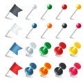 Pins tacks flags. Pointer colored marker pin flag, 3D thumbtacks tacks for attaching notes, plastic buttons with needles