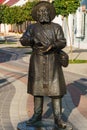 Pinsk, Belarus - August 26, 2019.Monument to the peasant. Photo of the historical, pedestrian Lenin street in Pinsk