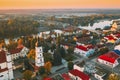 Pinsk, Brest Region, Belarus. Pinsk Cityscape Skyline In Autumn Morning. Bird`s-eye View Of Cathedral Of Name Of The