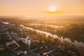 Pinsk, Brest Region, Belarus. Pinsk Cityscape Skyline In Autumn Morning. Bird`s-eye View Of Cathedral Of Name Of The