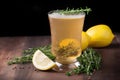 pint of beer with fresh slice of lemon and sprig of thyme