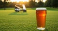 Pint of beer on a golf course at sunset, golf cart in background Royalty Free Stock Photo