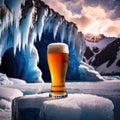 Pint of cold beer in blue ice frozen cave