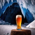 Pint of cold beer in blue ice frozen cave