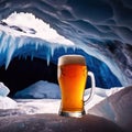 Pint of cold beer in blue ice frozen cave