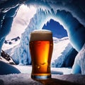 Pint of cold beer in blue ice frozen cave