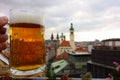 Pint of Czech beer on rooftop terrace in Prague, Czech Republic