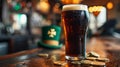 Dark stout beer in Irish pub with St. Patrick's Day decor, green top hat, gold coins. AI Generated Royalty Free Stock Photo