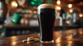 Dark stout beer in Irish pub with St. Patrick's Day decor, green top hat, gold coins. AI Generated Royalty Free Stock Photo