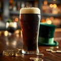 Dark stout beer in Irish pub with St. Patrick's Day decor, green top hat, gold coins. AI Generated Royalty Free Stock Photo