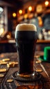 Dark stout beer in Irish pub with St. Patrick's Day decor, green top hat, gold coins. AI Generated Royalty Free Stock Photo