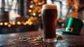 Dark stout beer in Irish pub with St. Patrick's Day decor, green top hat, gold coins. AI Generated Royalty Free Stock Photo