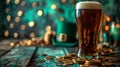 Dark stout beer in Irish pub with St. Patrick's Day decor, green top hat, gold coins. AI Generated Royalty Free Stock Photo