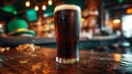 Dark stout beer in Irish pub with St. Patrick\'s Day decor, green top hat, gold coins. AI Generated Royalty Free Stock Photo