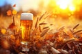 A pint of foaming beer in a glass, ears of barley on a blurred autumn background