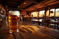 A pint of foaming beer in a glass, ears of barley on a table in a beer bar