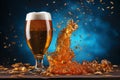 Pint of foaming beer in glass and beer splash on blurred blue background