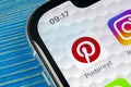 Pinterest application icon on Apple iPhone X smartphone screen. Pinterest app icon. Pinterest is the popular Internet social netw