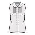 Pintucked blouse technical fashion illustration with round collar, scalloped lace, sleeveless, loose silhouette