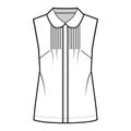 Pintucked blouse technical fashion illustration with round collar, scalloped lace, sleeveless, loose silhouette